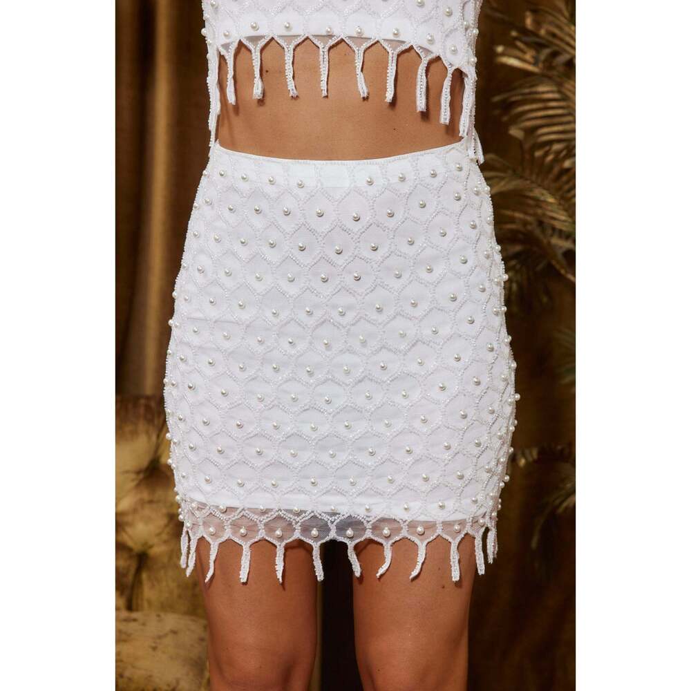 12th Tribe White Beaded Fringe Mini Skirt